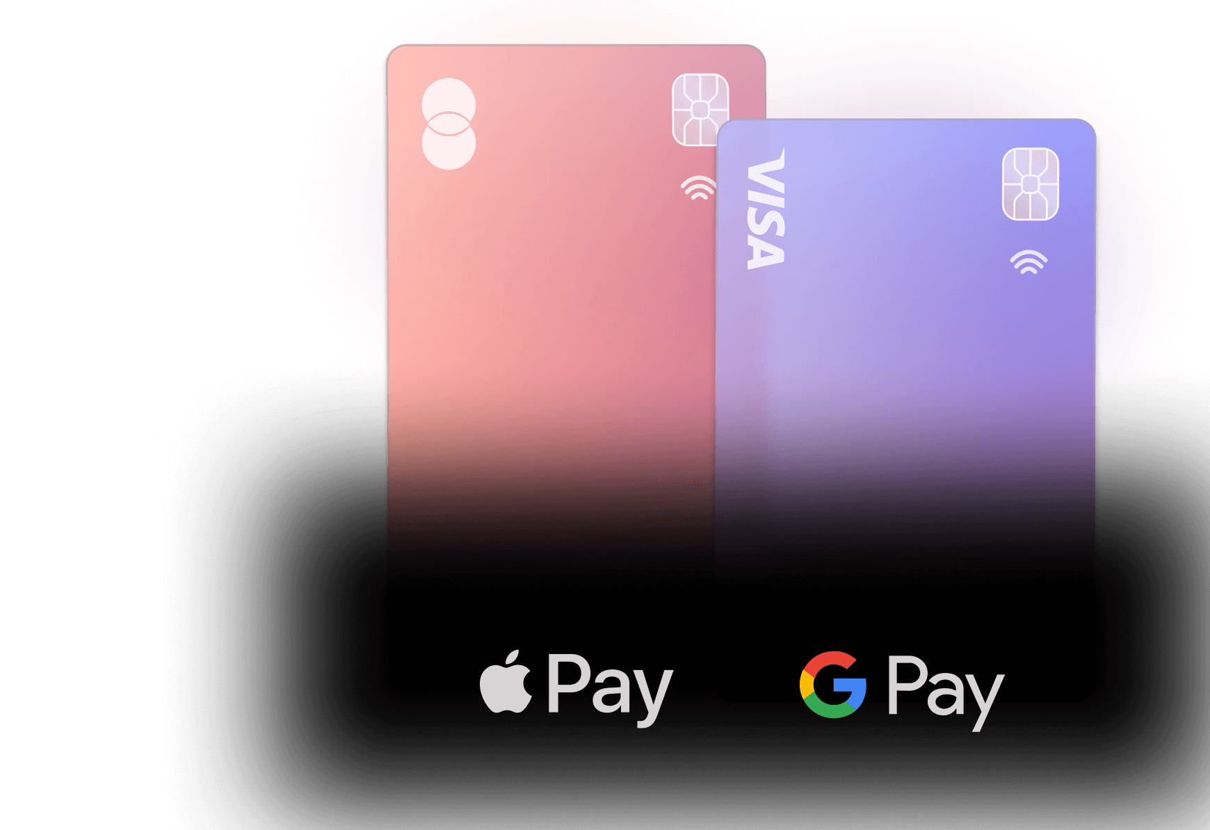 Apple Pay and Google Pay icons displayed with virtual cards from Visa on mobile phones, showing the contactless payment option